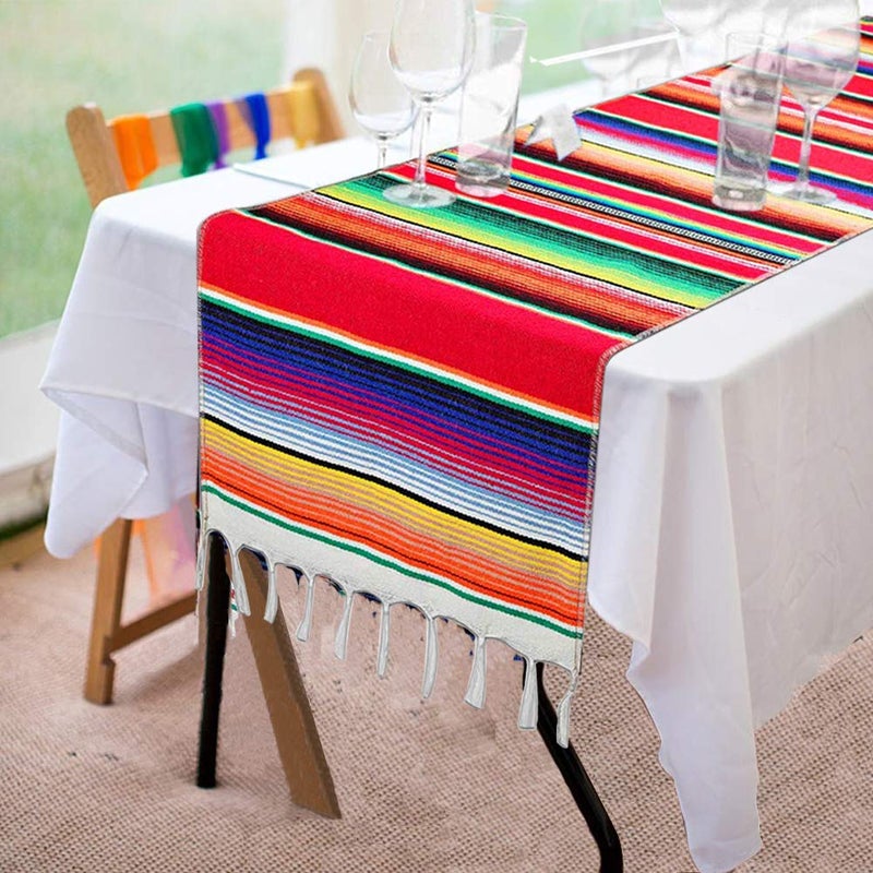 Fowecelt Mexican Serape Table Runner 14 x 84 Inch for Mexican Party Wedding Decorations Outdoor Picnics Dining Table, Fringe Cotton Handwoven Table Runners - Image 1